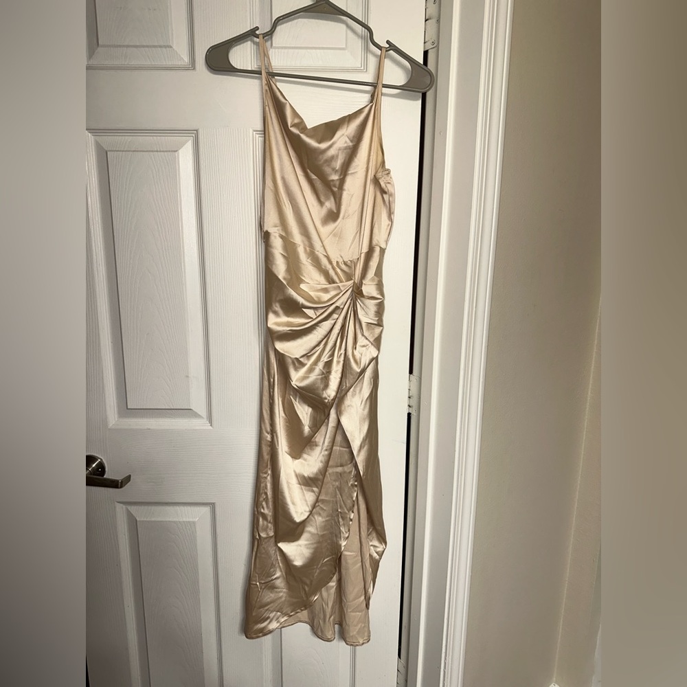 champagne skinny strap mid length dress